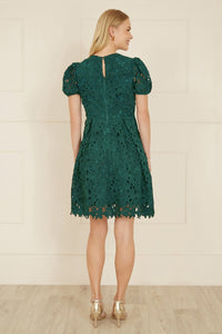 Yumi Green Lace Skater Dress With Puff Sleeves