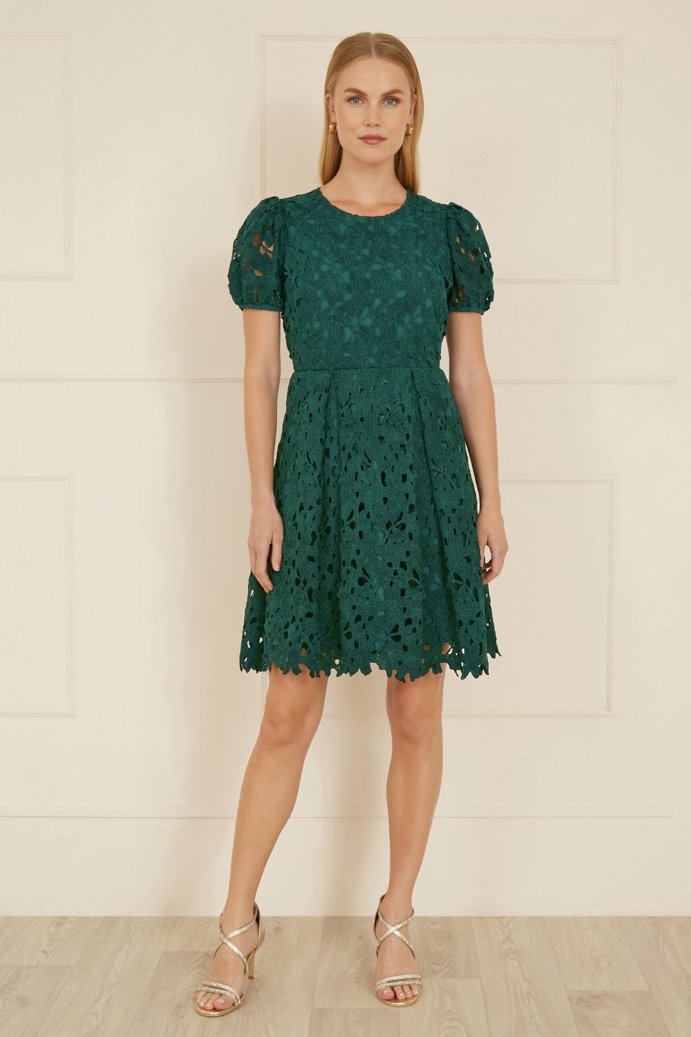 Yumi Green Lace Skater Dress With Puff Sleeves