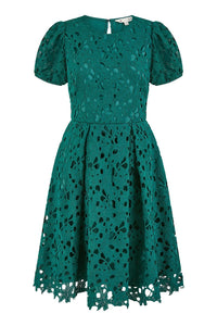 Yumi Green Lace Skater Dress With Puff Sleeves