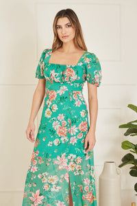 Yumi Green Recycled Floral Print Square Neck Maxi Dress With Split Hemline