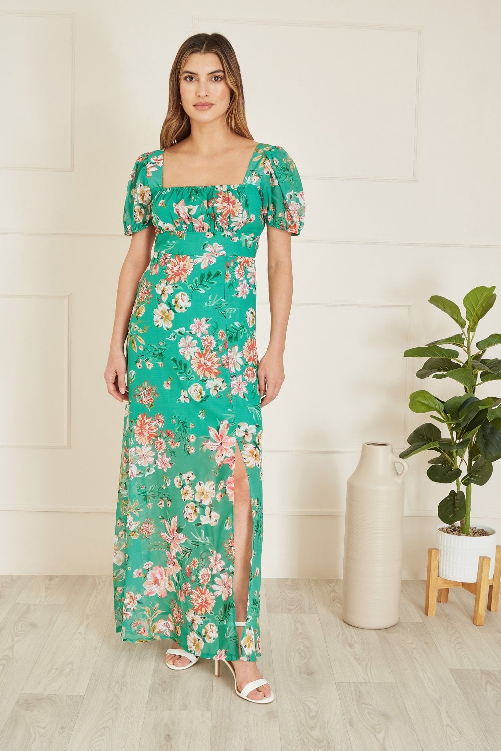 Yumi Green Recycled Floral Print Square Neck Maxi Dress With Split Hemline