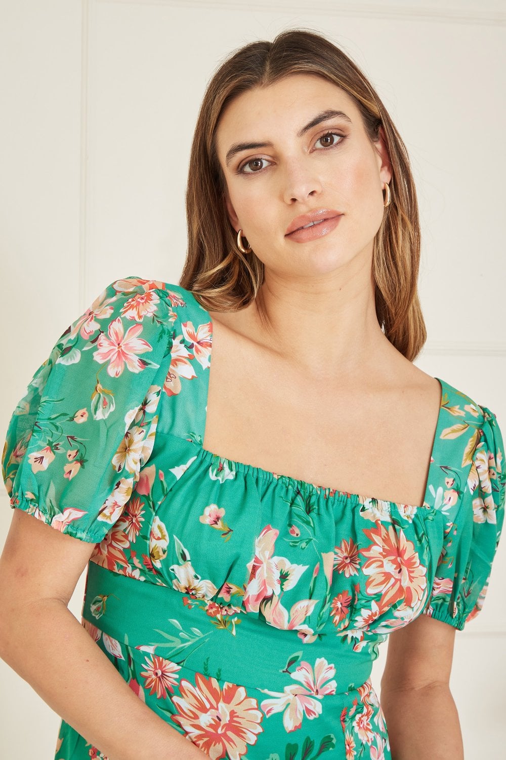 Yumi Green Recycled Floral Print Square Neck Maxi Dress With Split Hemline