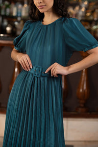 Yumi Green Satin Striped Midi Dress With Pleats and Matching Belt