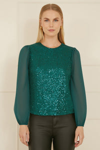 Yumi Green Sequin Top With Sheer Sleeves