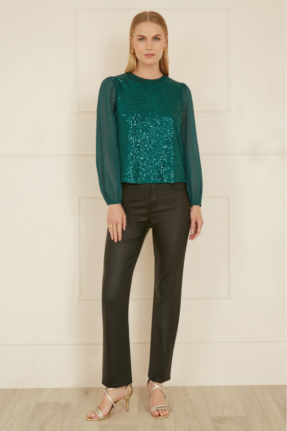 Yumi Green Sequin Top With Sheer Sleeves