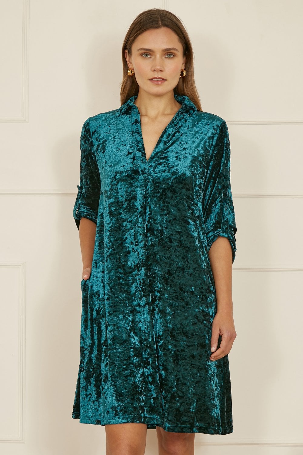 Yumi Green Velvet 3/4 Sleeve Tunic Dress for Chic Everyday Style