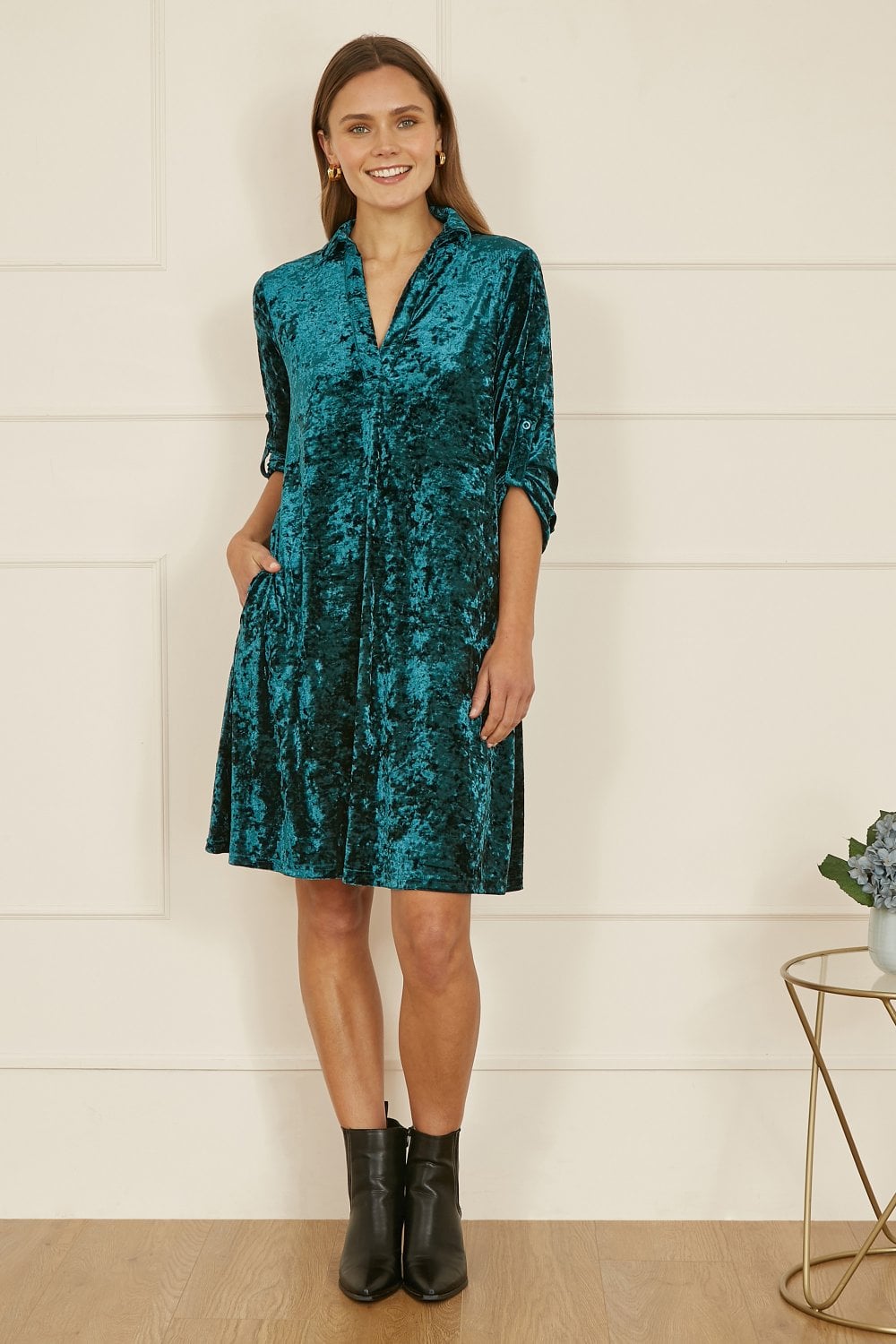 Yumi Green Velvet Tunic Dress With 3/4 Sleeves
