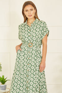 Yumi Green Viscose Midi Shirt Dress With Matching Belt