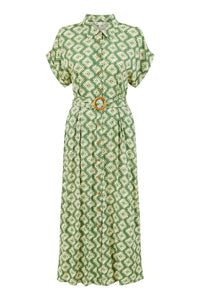 Yumi Green Viscose Midi Shirt Dress With Matching Belt