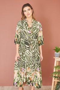 Yumi Green Viscose Zebra And Floral Print Midi Dress