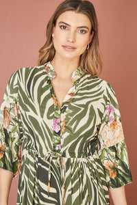 Yumi Green Viscose Zebra And Floral Print Midi Dress