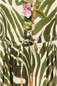 Yumi Green Viscose Zebra And Floral Print Midi Dress