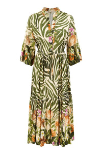 Yumi Green Viscose Zebra And Floral Print Midi Dress