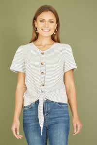 Yumi Grey Striped Jersey Button Detail Top