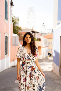 Yumi Ivory Bird and Floral Print Ruched Waist Kimono Midi Dress