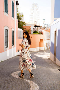 Yumi Ivory Bird and Floral Print Ruched Waist Kimono Midi Dress