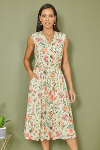Yumi Ivory Floral Print Mesh Stretch Midi Dress With Pockets