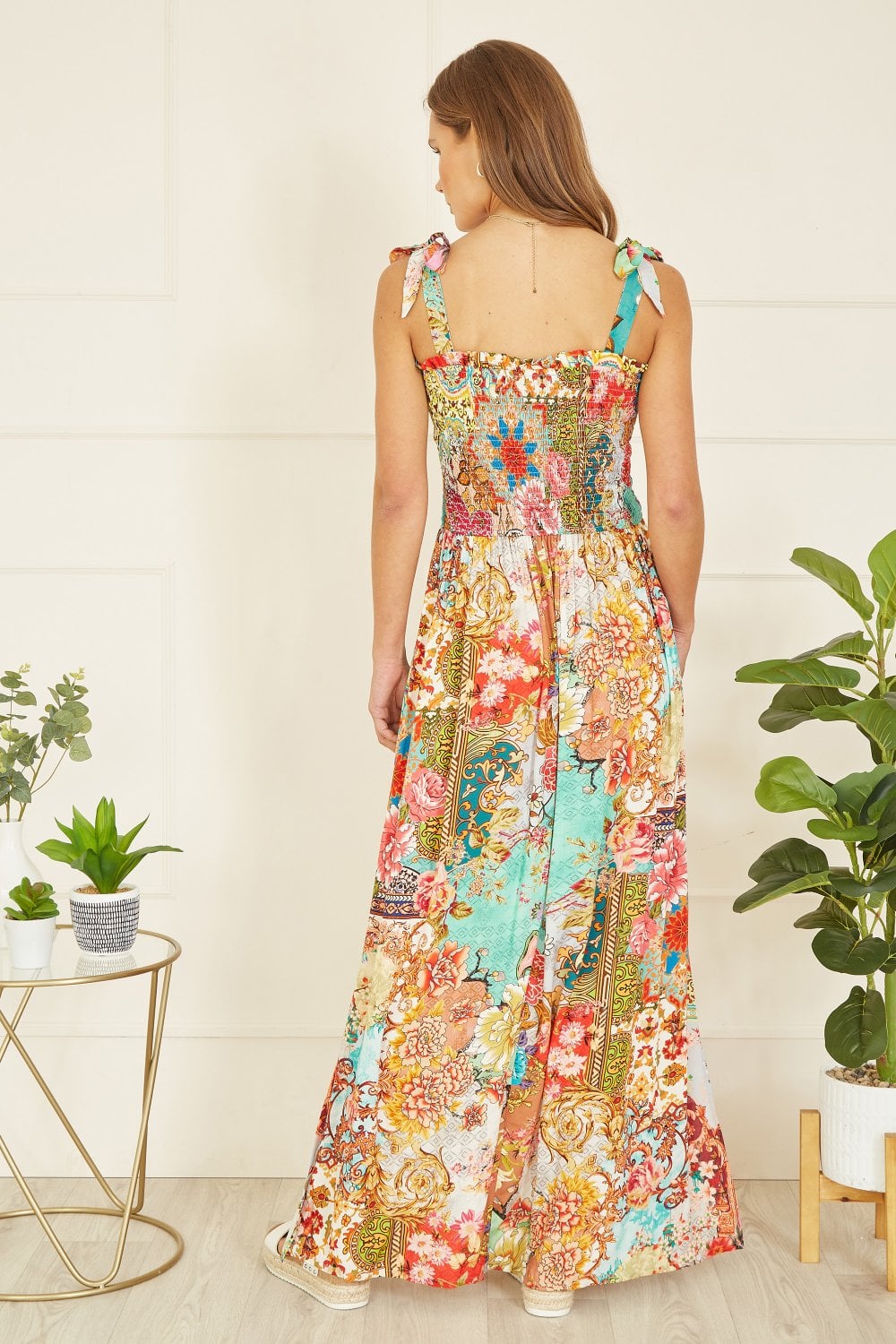 Yumi Multicolour Patchwork Split Hem Maxi Dress With Tie Straps