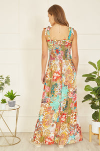 Yumi Multicolour Patchwork Split Hem Maxi Dress With Tie Straps