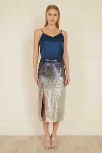 Yumi Navy And Silver Sequin Split Fitted Midi Skirt