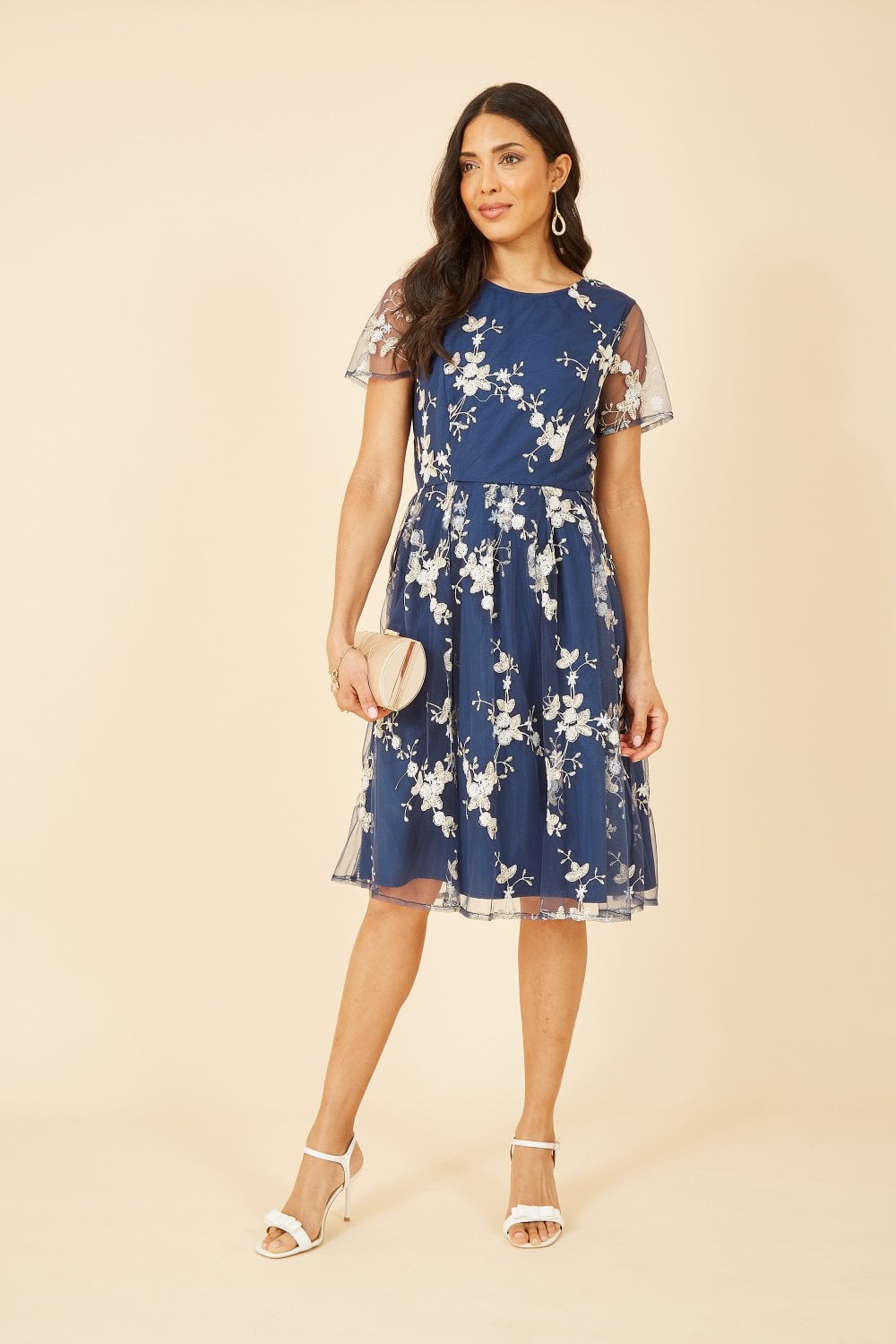 Yumi Navy Embroidered Floral Skater Dress