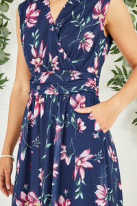 Yumi Floral Print Mesh Midi Dress with Pockets in Navy