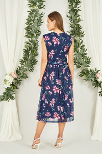 Yumi Floral Print Mesh Midi Dress with Pockets in Navy