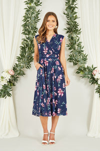 Yumi Floral Print Mesh Midi Dress with Pockets in Navy