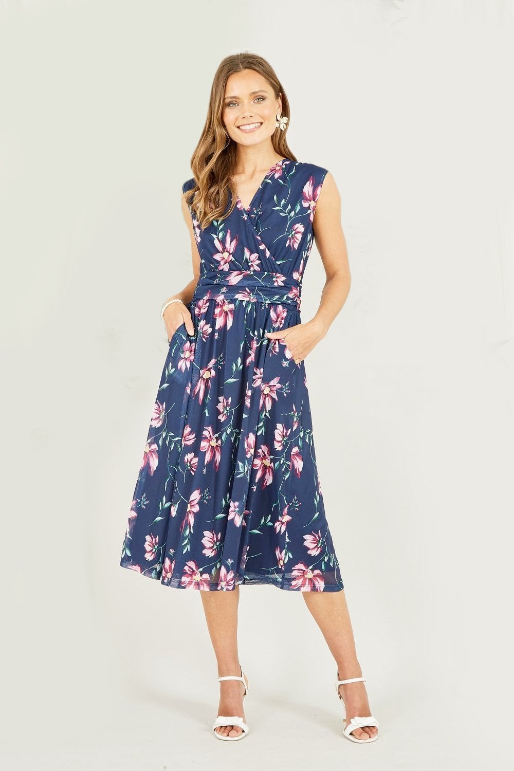Yumi Floral Print Mesh Midi Dress with Pockets in Navy