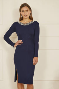 Yumi Navy Pearl Neckline Fitted Midi Knitted Dress