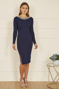 Yumi Navy Pearl Neckline Fitted Midi Knitted Dress