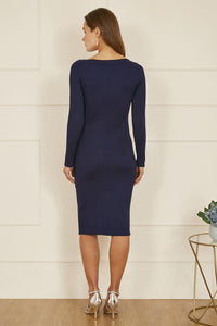 Yumi Navy Pearl Neckline Fitted Midi Knitted Dress