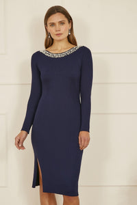 Yumi Navy Pearl Neckline Fitted Midi Knitted Dress