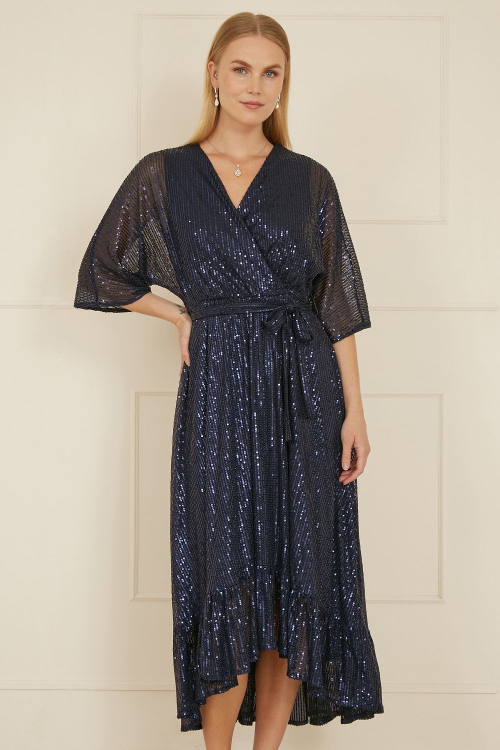 Yumi Navy Sequin Kimono Midi Wrap Dress