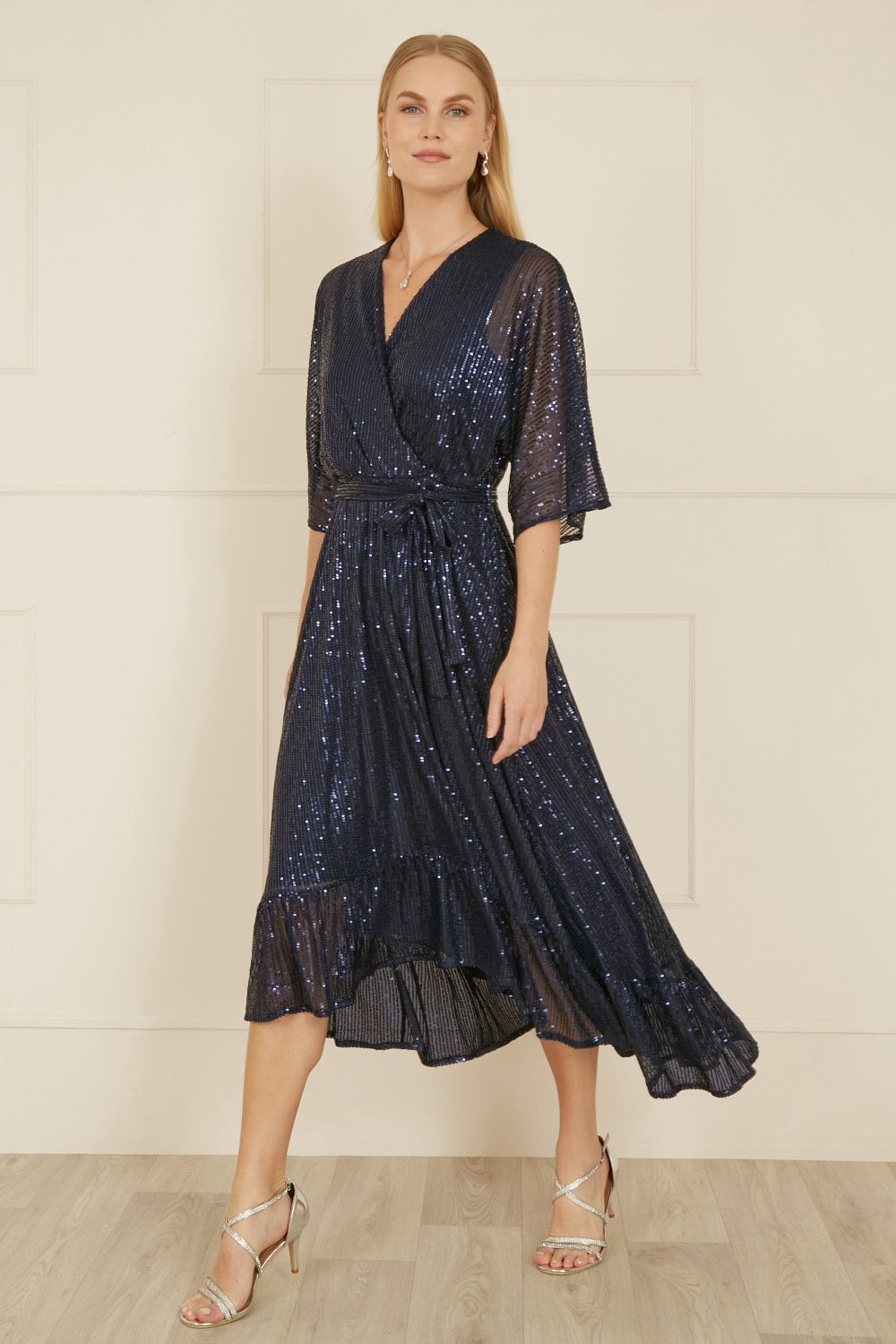 Yumi Navy Sequin Kimono Midi Wrap Dress