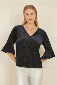 Yumi Navy Sparkle Velvet Relaxed Fit Top With Fluted Sleeves