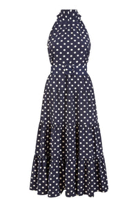 Yumi Navy Spot Print Halter Midi Dress With Matching Belt
