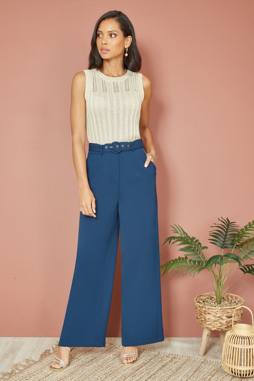 Yumi Navy Straight Leg Crepe Trousers With Belt