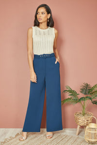 Yumi Navy Straight Leg Crepe Trousers With Belt
