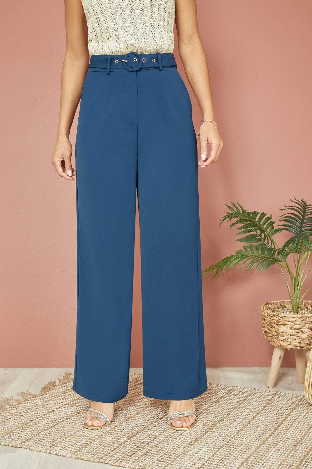 Yumi Navy Straight Leg Crepe Trousers With Belt