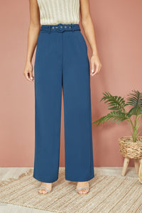 Yumi Navy Straight Leg Crepe Trousers With Belt