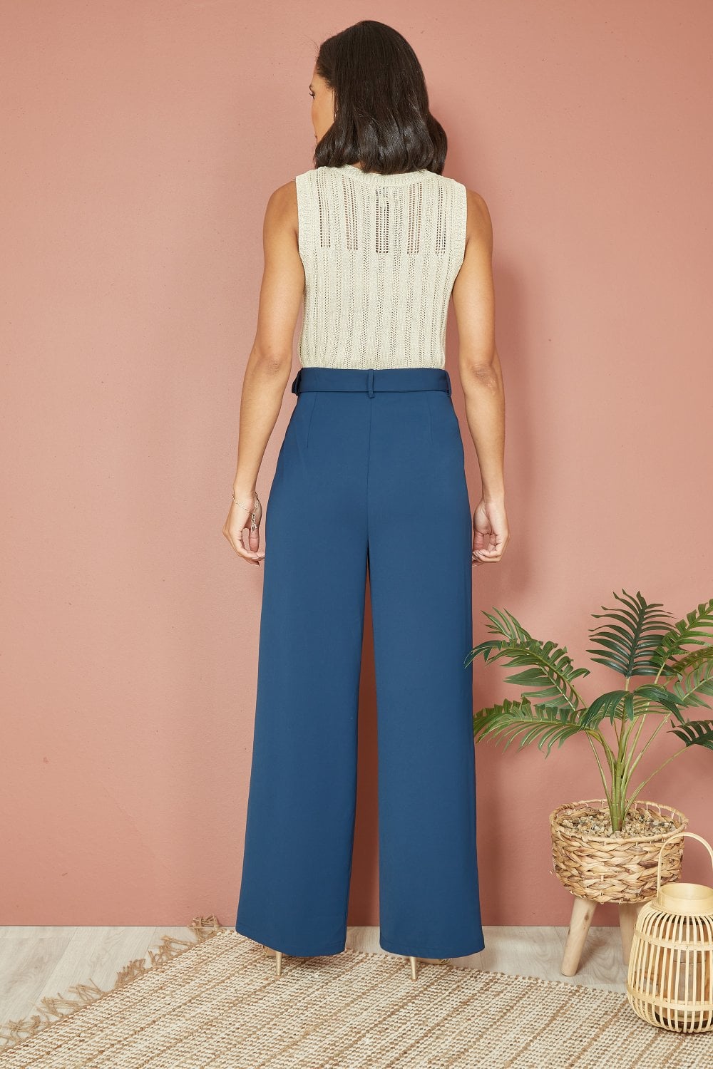 Yumi Navy Straight Leg Crepe Trousers With Belt
