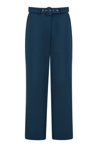 Yumi Navy Straight Leg Crepe Trousers With Belt