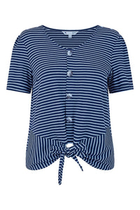 Yumi Navy Striped Jersey Button Detail Top