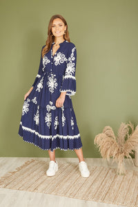 Yumi Navy Viscose Midi Dress With Long Sleeves