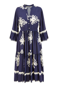 Yumi Navy Viscose Midi Dress With Long Sleeves