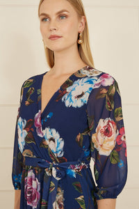 Yumi Navy Watercolour Dip Hem Midi Wrap Dress