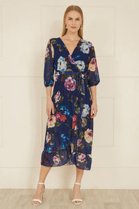 Yumi Navy Watercolour Dip Hem Midi Wrap Dress