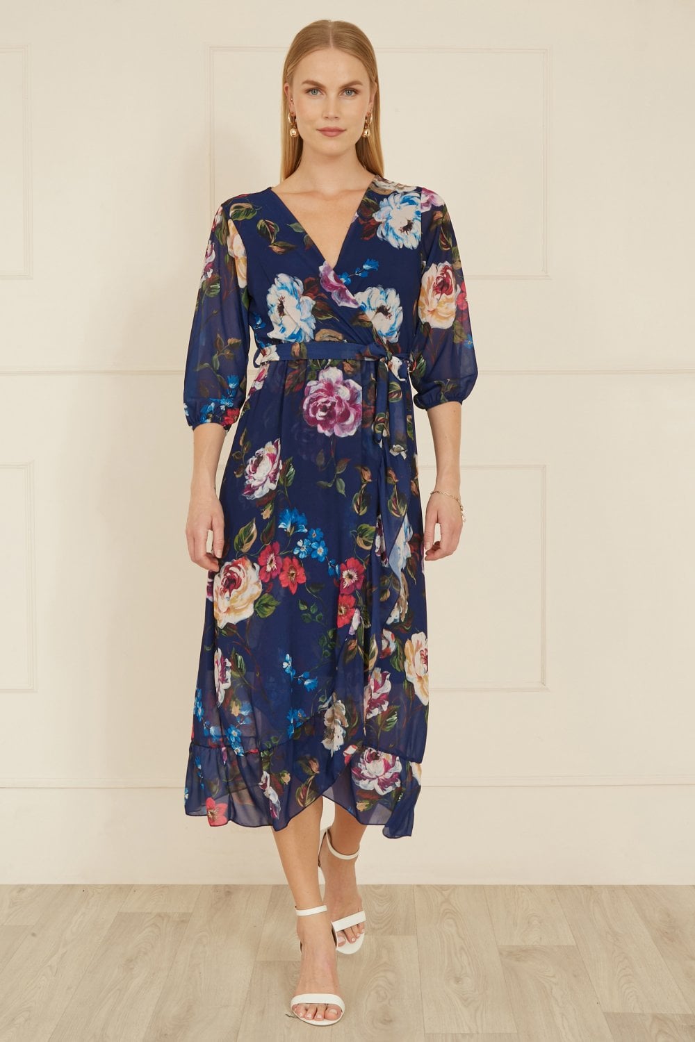 Yumi Navy Watercolour Dip Hem Midi Wrap Dress