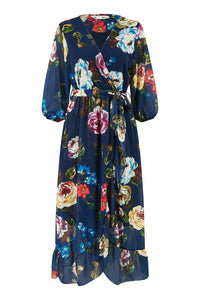 Yumi Navy Watercolour Dip Hem Midi Wrap Dress